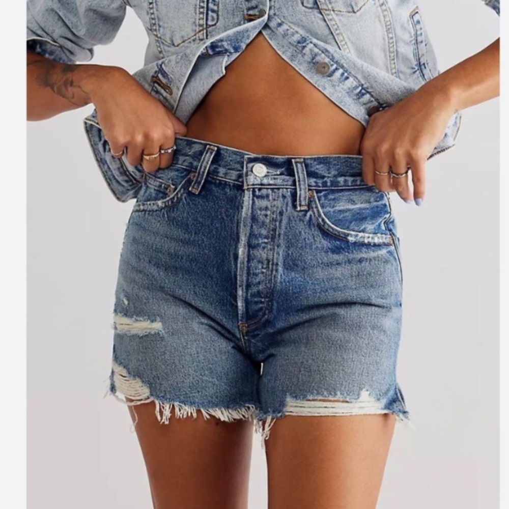 AGOLDE Dee Jean Long Shorts Turmoil High Rise Distressed Size 23